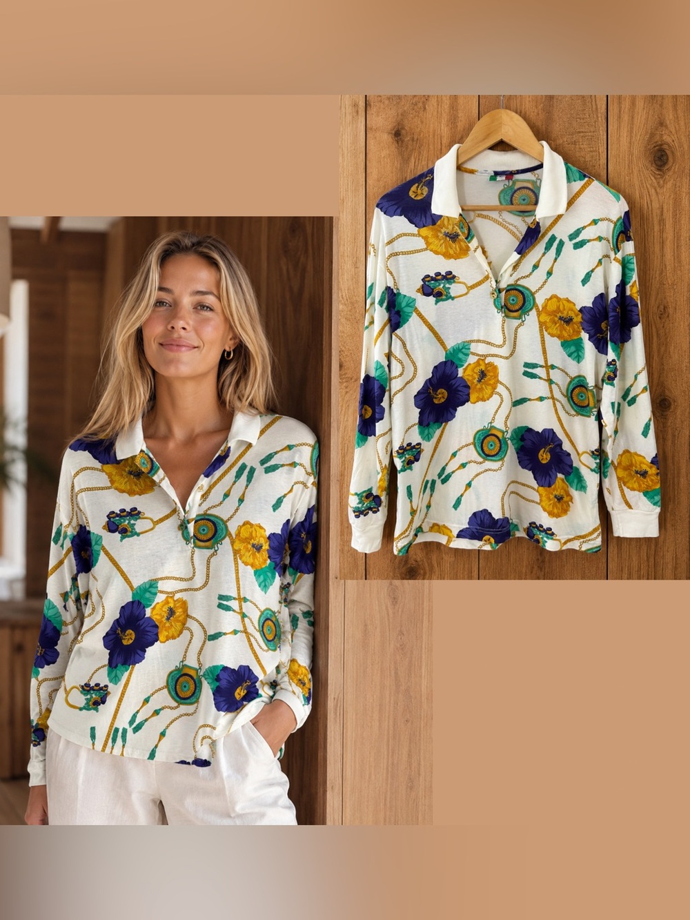 Vintage Classy Baroque Italian Floral Polo Shirt